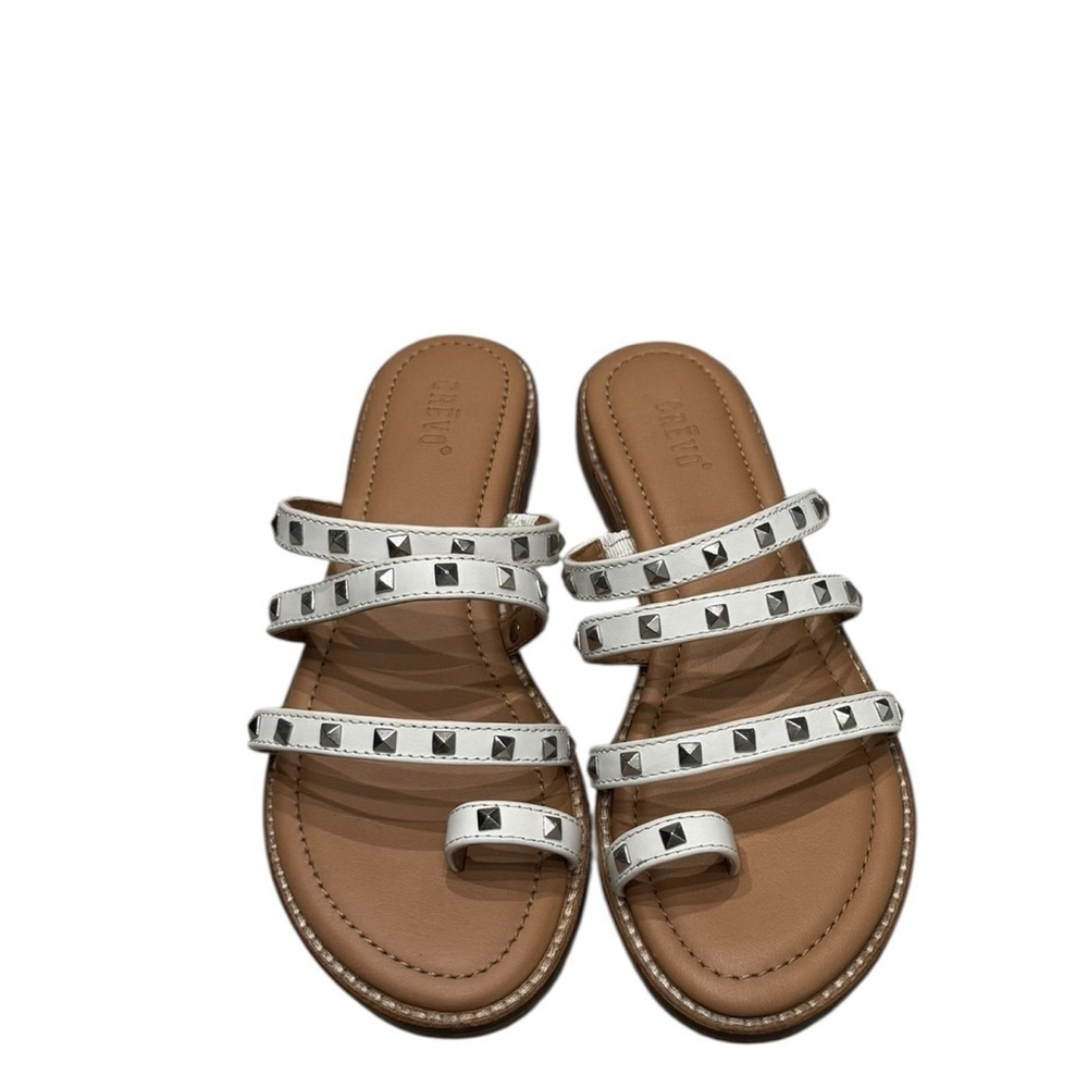 Women’s Crevo White Leather Polly Studded Strappy Slip-On Sandals: 6.5